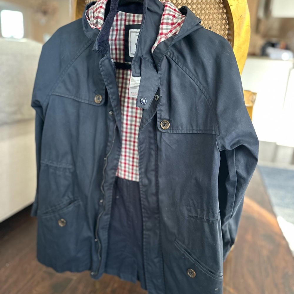 Jacadi Navy Blue Hooded Raincoat with Red Check Lining